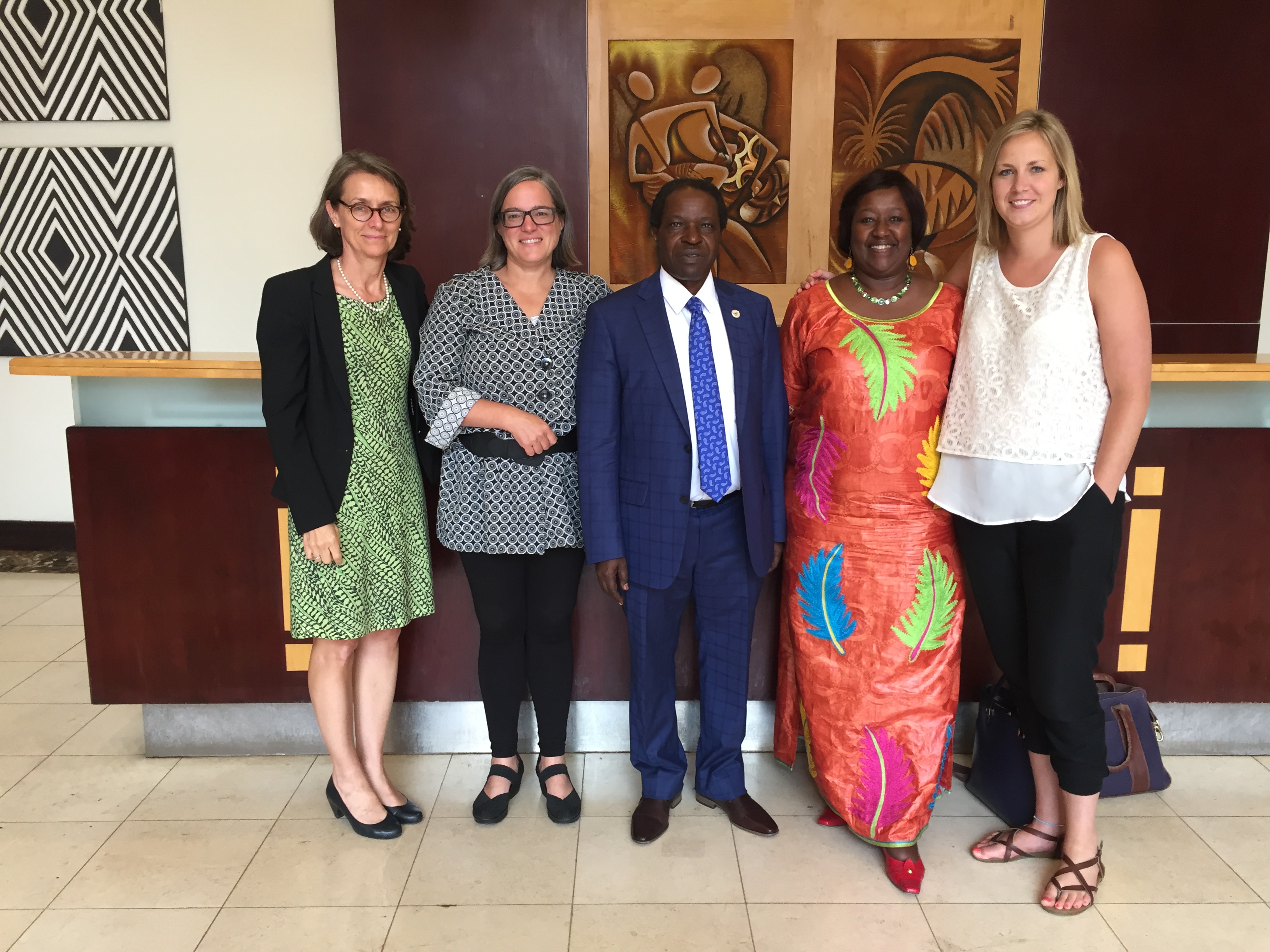 From left to right: Dean Deborah Kochevar, Professor Katey Pelican, Dean William Bazeyo, Vice Chancellor Agnes Binagwaho, and Assistant Director of UGHE's MGHD program, Dr. Phaedra Henley, attend the July 27th OHCEA induction ceremony in Kigali, Rwanda.