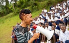 Dr Akiiki Speaking to Butaro high school students, launching Bwiza Initiative - a program to address period poverty