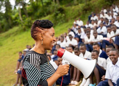 Dr Akiiki Speaking to Butaro high school students, launching Bwiza Initiative - a program to address period poverty