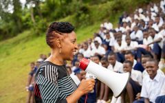 Dr Akiiki Speaking to Butaro high school students, launching Bwiza Initiative - a program to address period poverty